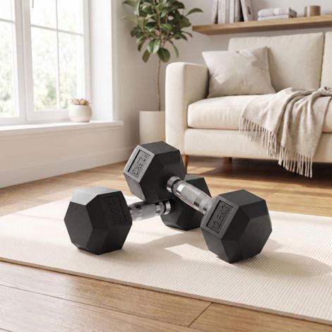 Haltère Musculation Hexagonal en Fonte, Revêtement PVC Antidérapant, 32,9 x 14,7 x 12,7 cm, Noir (1/5)