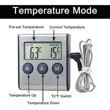 Thermometre Cuisine - Ecran LCD Grand Format - Sonde Longue 11 Cm - Alarme Température Et Minuterie - Pour Viande Grill Four - 1 Piece (1/3)