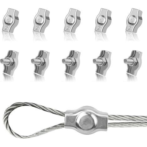 10 Edelstahl-M2-Kabelklemmen, Drahtseilklemmen, Klemmen zur Befestigung von 2-mm-Kabeln, Wäscheleinen, Sonnensegeln (1/5)