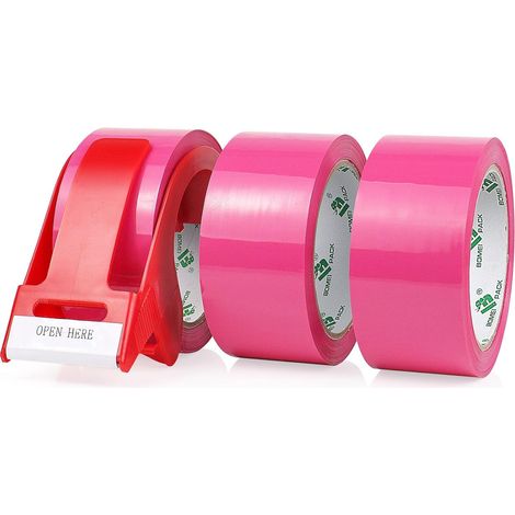 66m x 48mm Packing Tape for Packaging -3 Rolls with Dispenser, Strong Adhesive Printing for Parcel, Warehouse, E-Commerce (Berry Pink) (1/5)