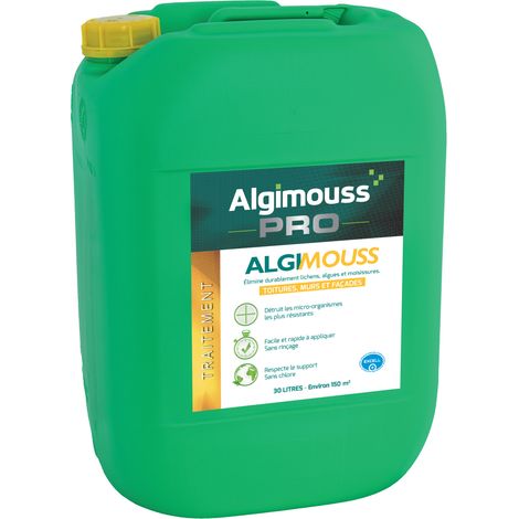 Antimousse prêt à l'emploi 30L – Traitement curatif et préventif pour toiture, mur et façade – Élimine lichens, algues et moisissures – Algimouss