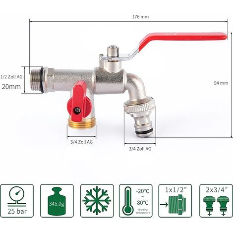 Robinet de jardin extérieur (1 entrée d'eau DN15), antigel, double commande, en cuivre, pour lave-linge et évier de jardin 1/2 (1/4)