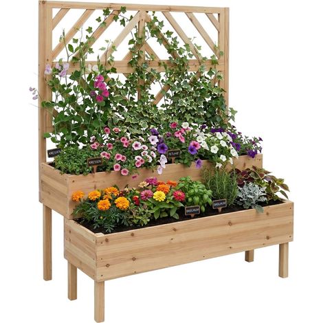 Wooden Two-Tier Planter With Trellis, Raised Beds (1/5)
