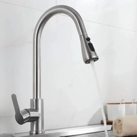 (Silvery-A) Robinet de cuisine en acier inoxydable 304, mitigeur extractible pour évier de cuisine, montage sur plage, douchette, robinets eau chaude/eau froide (1/5)
