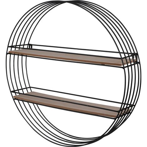 Étagère murale ronde 2 niveaux métal et bois - 45x45x11cm (1/3)