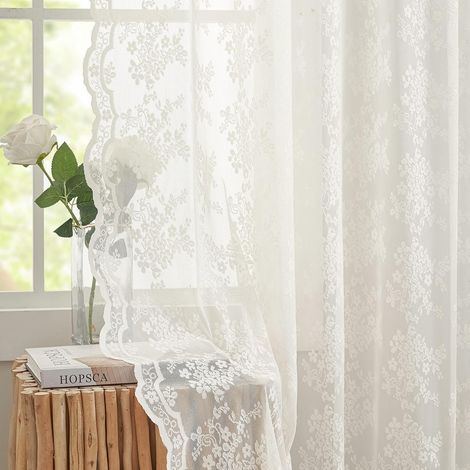 Rideaux en dentelle vintage de 84 pouces de long – Panneaux de rideaux voilés ivoirs à motif floral victorien pour salon, chambre à coucher et porte française, rideaux filtrants, lot de 2 panneaux 52l (1/5)