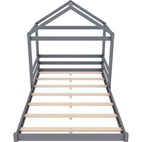 Kinderhausbett 140 x 200 cm mit Lattenrost, Kiefer und MDF, Grau, HOMVRA (1/5)