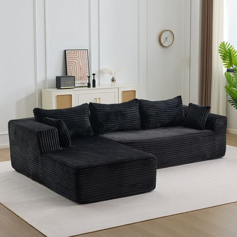Canape Modulaire en Velours Cotele avec Chaise Longue Noir
