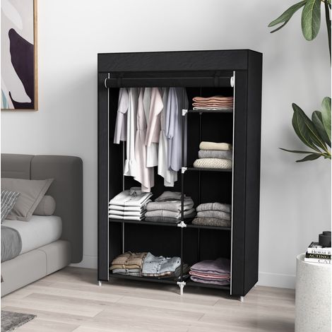 Armadio guardaroba in tessuto 103x43x162.5 cm nero in acciaio con 6 ripiani e barra appendiabiti (1/5)
