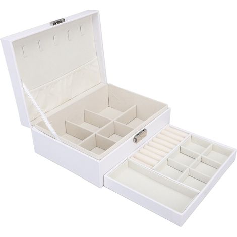 Coffret de rangement bijoux blanc bois grande capacité 2 étages multiples compartiments simili cuir transportable pochette voyage (1/5)