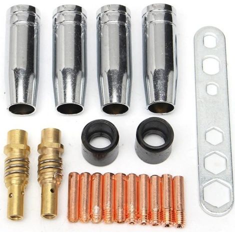 Kit d'accessoires pour pistolet de soudage MB15AK150MIG (19 pièces) : manchon isolant, kit de rechange, protection, tête de buse, ressort, opérateur (kit de 19). (1/5)