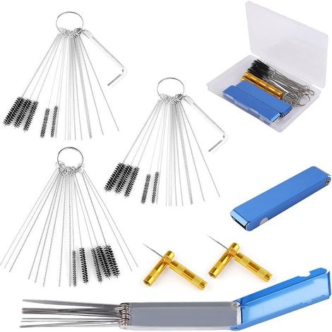 Nettoyage de Carburateur, Kit de Pointe Chalumeau avec 15 Brosses en Nylon 30 Aiguilles 2 Clé Hexagonale 2 Pics Pointus et 26 Fils Convient aux Voitures Motos et Petits Moteurs (1/4)