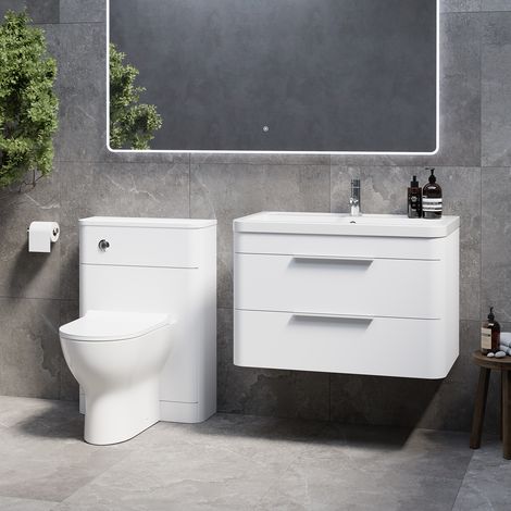 Oslo Gloss White 1350mm Wall Mounted Vanity Unit Toilet Suite with Leni Basin - 1350mm - Chrome 300mm Finger PullWith Jubilee Toilet Pan and Seat