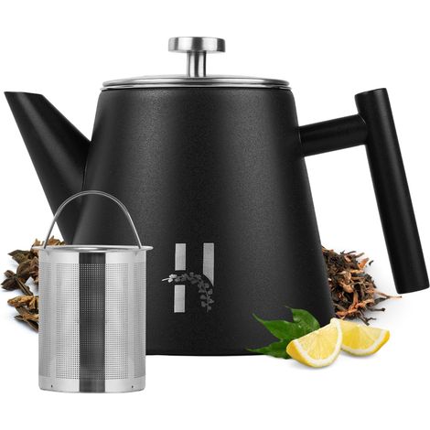 1 Théière, Acier inoxydable, Double paroi, Infuseur intégré, Filtre bec, Noir, 1L, Cuisine quotidienne (1/5)