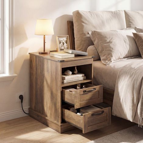 Table de chevet marron aspect bois avec 2 tiroirs, rangement ouvert et station de charge USB, pour chambre, salon et entrée (1/5)
