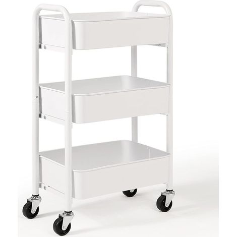 Chariot roulant à 3 niveaux, chariot utilitaire en métal avec roues verrouillables, étagère de rangement mobile pour salon, salle de bain, cuisine, chambre et petits espaces, blanc (1/5)