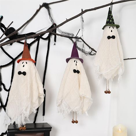 Carillon éolien fantôme suspendu pour Halloween, décoration fantôme chapeau de sorcière mignon, pendentif fantôme en tissu, décoration d'Halloween pour porche ou porte d'entrée (1/5)