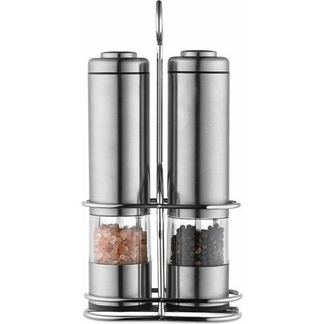 Tigrezy-Ensemble moulin sel et poivre à piles - Moulins (2) à sel & poivre en acier inoxydable de Kitchen - Grandes salière & poivrière avec socle (piles non incluses) (1/5)