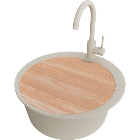 PRIMAGRAN Evier cuisine Granit Rond 53x53cm,Evier 1 bac + Robinet 32x20cm + Kit de Vidage + Planche à Découper, Lavabo Cuisine au meuble 50cm - Pise Max, Beige (1/5)