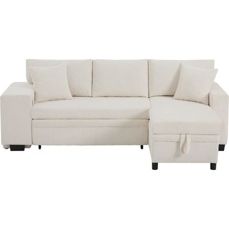 Canapé d’angle convertible en L avec fonction lit, rangement intégré et ports USB, 3 places, tissu velours côtelé beige ou gris foncé (1/5)