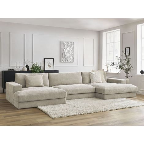 Bobochic – Canapé panoramique fixe 6 places – Tissu texturé beige – Structure en pin et hêtre – Confort moelleux avec coussins en silicone (1/5)