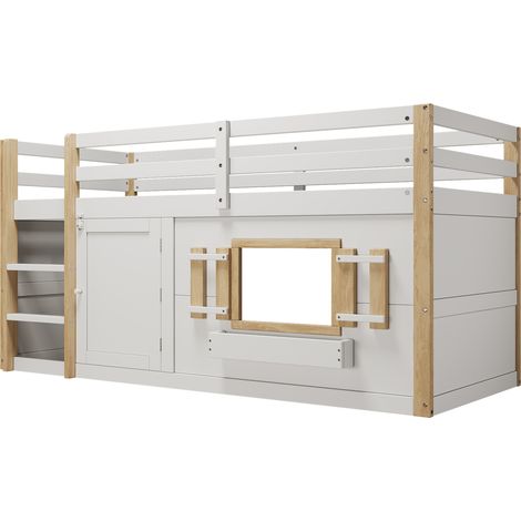Litera alta infantil 90 x 200 cm blanca con escalera, somier incluido, madera y MDF (1/5)