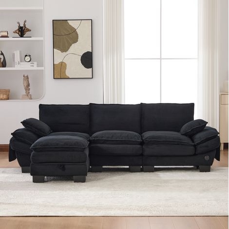 3-Sitzer Sofa 260x132x84 cm schwarz aus Cord mit Hocker, USB-C und Seitentaschen (1/5)