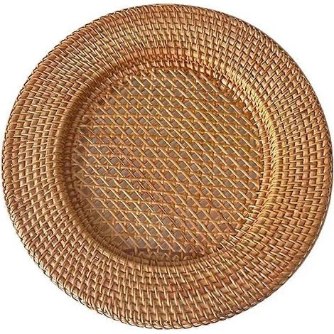 Handgefertigter runder Dekoteller (33 cm Durchmesser) aus Naturrattan, auch als Platzset, Brot- und Snacktablett oder Tischdekoration verwendbar. (1/5)