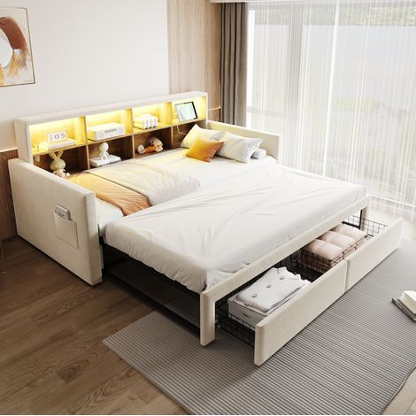 Cama banqueta extensible 90x190 cm de terciopelo beige con almacenamiento, LED y enchufes OKWISH (1/5)