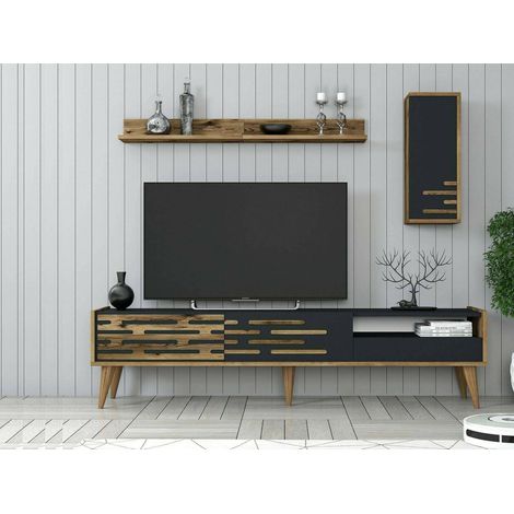 Dmora - Mueble de televisión Dbrunozz, Aparador de salón, Mueble bajo para TV, Base de pared equipada, 180x45h35 cm, Antracita y Nogal (1/5)