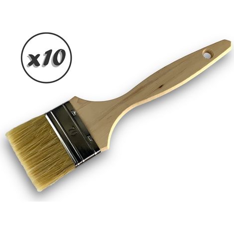 Lot de 10 pinceaux queue de morue Soie blanche Largeur 70 mm Epaisseur simple tous types de travaux Peinture huile acrylique colle lasure teinture apprêt résine Kibros 32070x10