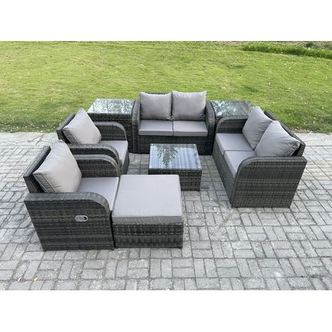 Fimous 7-Sitzer Rattan Sofa Set Outdoor Gartenmöbel Set mit quadratischem Couchtisch Loveseat Sofa Liegestühle 2 Beistellischer Großer Fußhocker Dunkelgrau Gemischt (1/5)