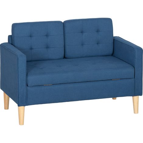 Zweisitzer-Sofa mit Stauraum, Knopfheftung, Kissen, Kautschukbaumholz, 117x62x78cm, Blau