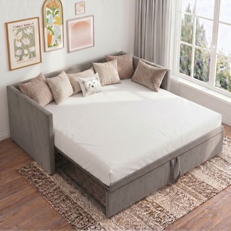 VASIEN –Lit gigogne 90/180x200cm,lit capitonné canapé-lit extensible avec sommiers à lattes,Canapé lit 2 Places en Velours,lit Canapé-lit Convertible,multifonctionnel style moderne, Gris