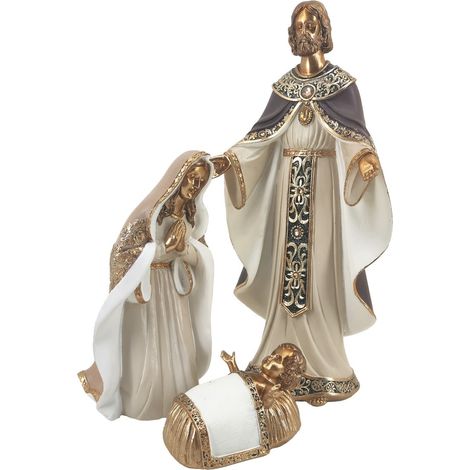 Figuras de belén crema y dorado con capa gris 38 cm, juego 3