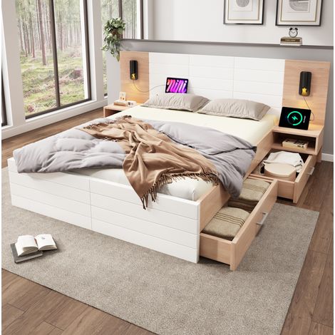 Lit double 180/200 cm blanc et chêne clair en bois massif et MDF avec lampe de lecture, port USB, 2 chevets et 2 tiroirs (1/5)