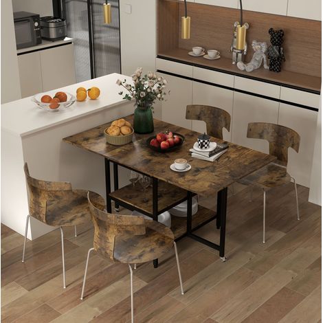 Mesa de comedor plegable, 140x80 cm, marrón rústico, ruedas, 2 estantes abiertos, para 2-6 personas (1/5)