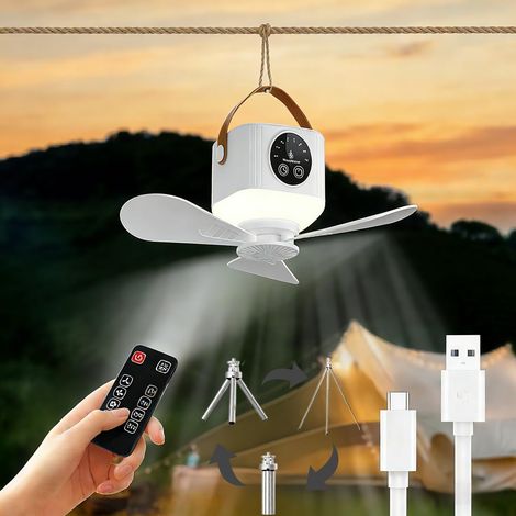 Ventilateur de Camping Lumière, Ventilateur Avec Trépied Pliable,Ventilateur Plafond Avec Lumière et Télécommande, Ventilateur Rechargeable USB, Minuterie, 3 Vitesses Réglables, Pour Tente, Camp-ing (1/5)
