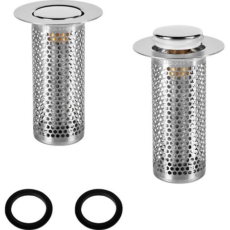 Lot de 2 tamis d'évier en acier inoxydable 33x80 mm - Design Push in - Anti-bouchons et anti-odeurs pour cuisine, salle de bain, balcon - Filtre universel 33-55 mm