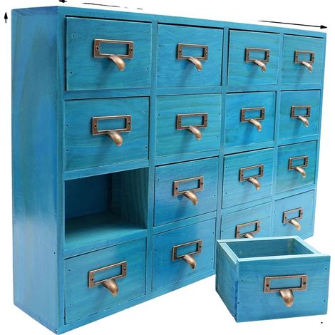 Vintage 16-Schubladen-Schrank, Holz und Metall, platzsparendes Design, Blau (1/2)