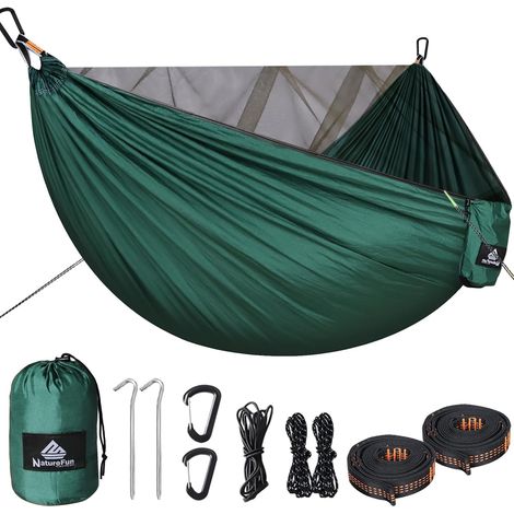 Hamac de Camping avec Moustiquaire  Capacité de Charge de 300kg, (290 x 140 cm) Nylon Parachute Respirant, séchage Rapide  Accessoires complets  Hamac de Voyage Facile à Installer