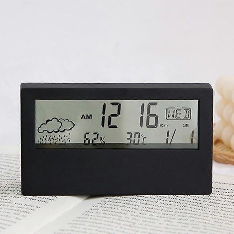 Réveil électronique de bureau LCD avec affichage numérique, thermohygromètre multifonctionnel et éclairage, modèle 2158L, noir. (1/4)