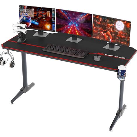 Soges – Bureau gamer ergonomique 140x65x75cm – Structure en acier et ABS – Tapis de souris complet, porte-gobelet, crochet casque – Gestion des câbles