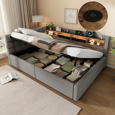 Lit banquette 140x200 cm lit de jour coffre avec rangement hydraulique, canapé-lit avec LED dimmable, étagère pratique, port USB, gain de place, gris (1/5)