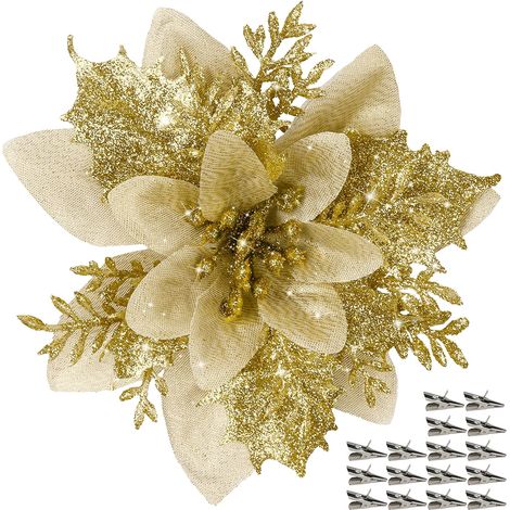 16 Pieces Faux Poinsettia Christmas Ornaments Glitter Christmas Tree Flower Ornament with Clips Christmas Wreath DIY Holiday Weed Home Party Decoration (1/5)