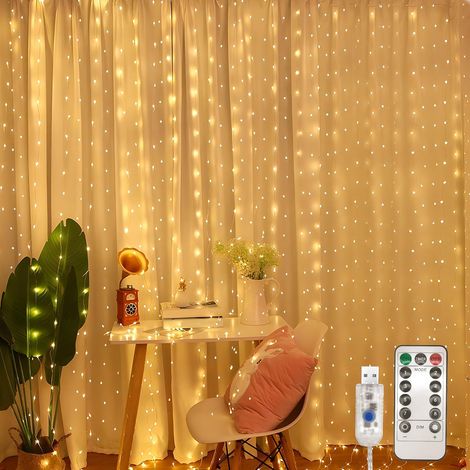 Wasserdichte Lichterkette, 200 LEDs, 8 Modi, mit Fernbedienung, für Weihnachten, Hochzeiten, Fensterdekoration, 3 x 2 m, USB (warmweißes Licht) (1/5)