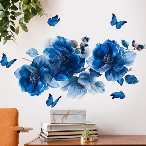 Stickers muraux fleurs bleues papillon aquarelle floral pour chambre à coucher, salon, salle de bain, décoration d'intérieur (1/5)