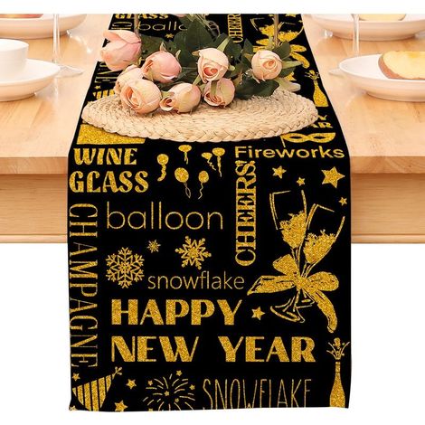 Chemin de table « Bonne année », nappe noire et or à pois et étoiles, décoration pour la maison et la cuisine, ambiance champêtre, linge de table en toile de jute pour les fêtes d'hiver 2026 (1/5)