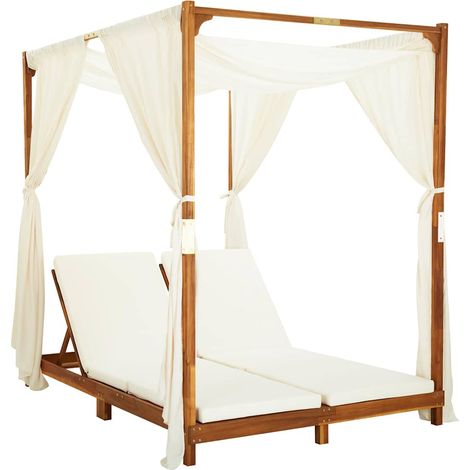vidaXL Chaise longue double avec rideaux et coussins Bois d'acacia (1/5)