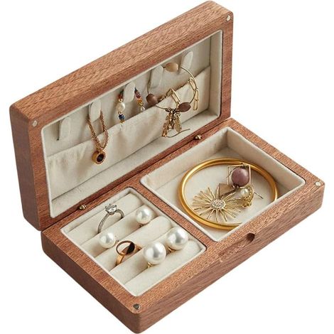 Portagioie in legno massello con rivestimento interno morbido, 24x15x6 cm, design vintage per donna, ideale per riporre anelli, collane, orecchini e orologi (noce, ebano) (1/5)